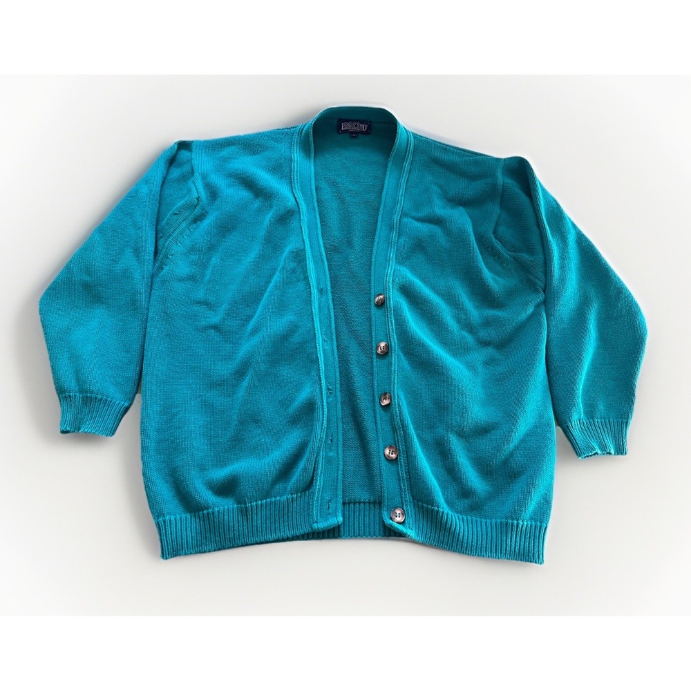 1990s Lands' End Womens Knit Cardigan Medium Blue Green Teal 100% Cotton Vintage
